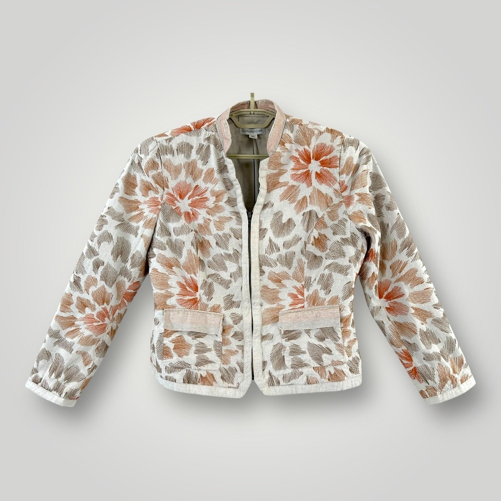 Coldwater Creek Jacket Womens 14 Beige Linen‎ Blend Floral Embroidered Zip Front